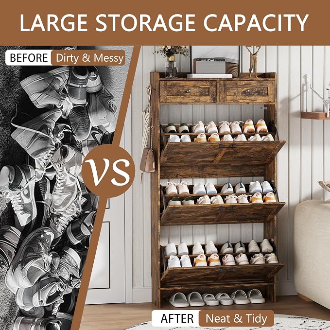 Shoe Cabinet with 3 Flip Drawers & 2 Top Drawers, Hidden Slim Shoe Rack - Image 7