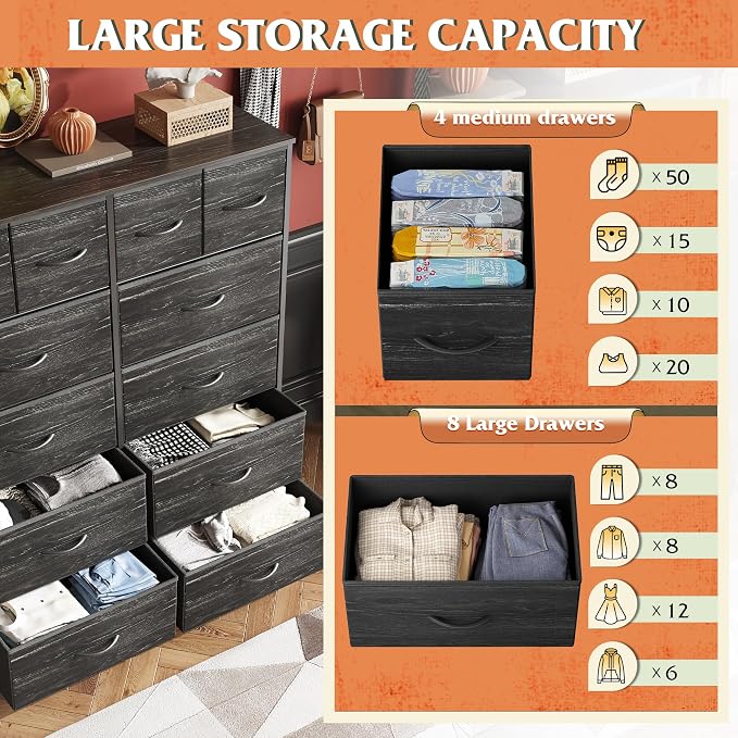 WLIVE 12 Drawer Tall Fabric Dresser Bedroom Storage Chest, Charcoal | Black - Image 5