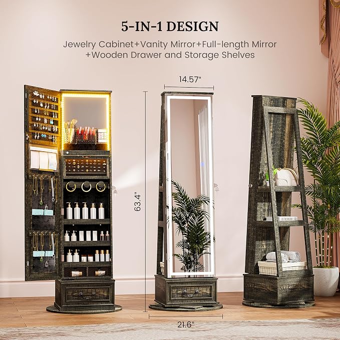 LVSOMT LED Mirror Jewelry Cabinet Standing, 360°Swivel Jewelry Armoire - Image 5