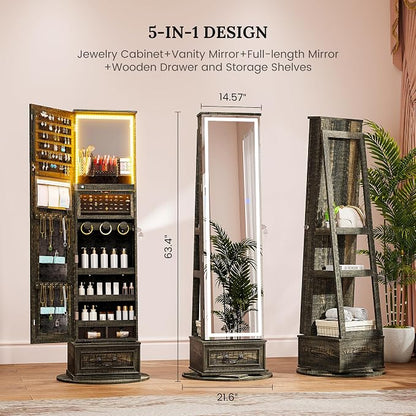 LVSOMT LED Mirror Jewelry Cabinet Standing, 360°Swivel Jewelry Armoire - Image 5