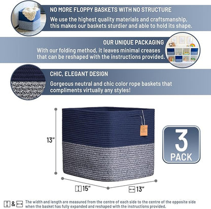 NaturalCozy 13x15x13 Kallax Storage Cubes Bins, 3 Pack | Cotton Rope Cube - Image 2