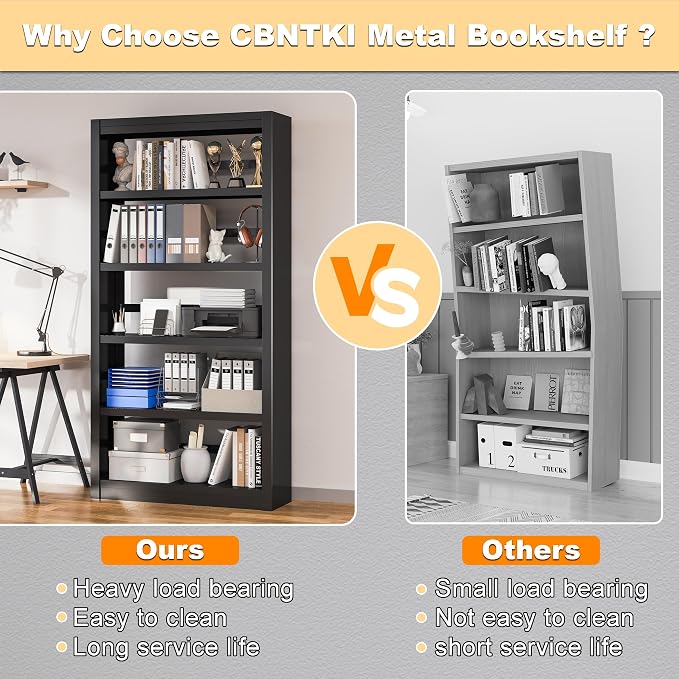 5 Tier Metal Bookshelf, Industrial Open Bookcases - Image 4