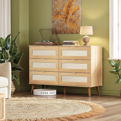 WLIVE Rattan Dresser for Bedroom, 6 Drawer 47.24'' Wide Boho Wood Dresser - Image 2