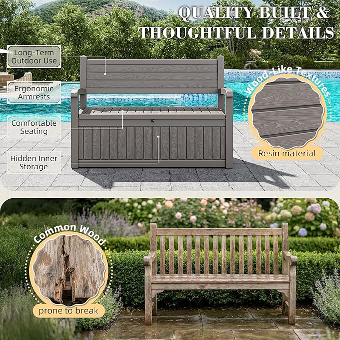 80-Gallon Lockable Outdoor Storage Bench, Waterproof Outdoor Deck Storage Boxes - Image 3