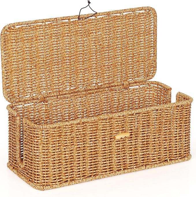 Cable Management Box, Handwoven Faux Rattan Cord Organizer by Tohiasen