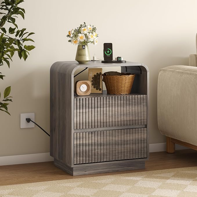 Dresser with 2 Drawers and Charging Station, Fluted Bedside Table with Round - Image 5