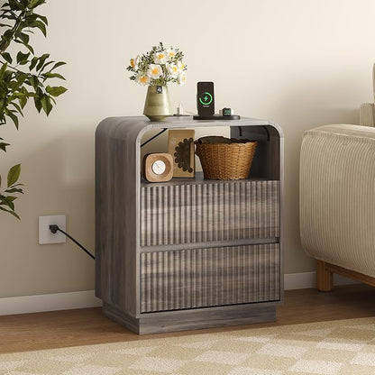 Dresser with 2 Drawers and Charging Station, Fluted Bedside Table with Round - Image 5