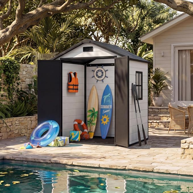 Outdoor Storage Shed with Floor, Plastic Resin Garden Shed with Window & - Image 8