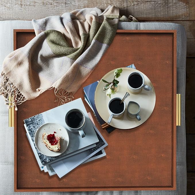 HofferRuffer Extra Large Square Serving Tray, Elegant Faux Leather Ottoman Tray - Image 8