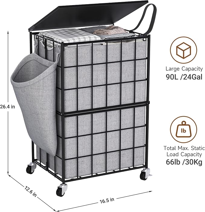 90L Laundry Basket with Wheels, Large Capacity Laundry Hamper with Removable - Image 2