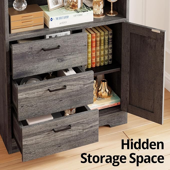 IRONCK Bookshelf with Door and 3 Drawers, 71in Tall Bookcase Shelf with 3-Tier - Image 4