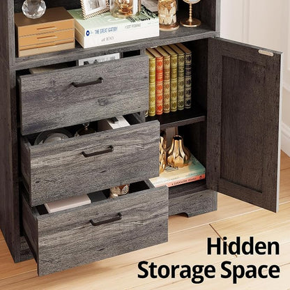IRONCK Bookshelf with Door and 3 Drawers, 71in Tall Bookcase Shelf with 3-Tier - Image 4