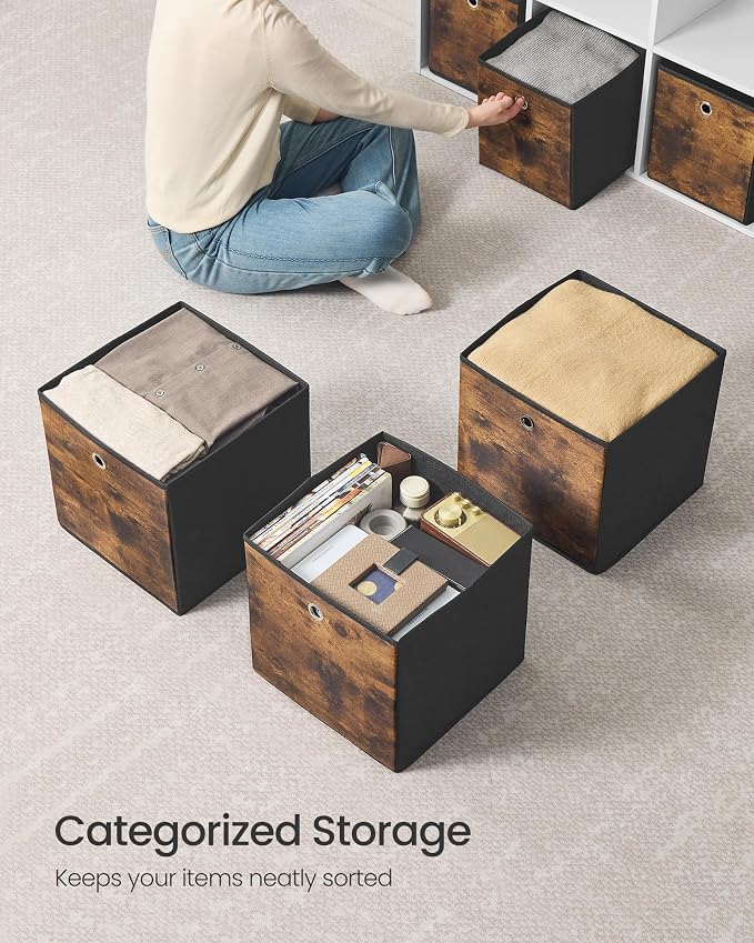 SONGMICS Storage Cubes, Foldable Fabric Storage Bins, Rustic Brown and Ink Black - Image 4