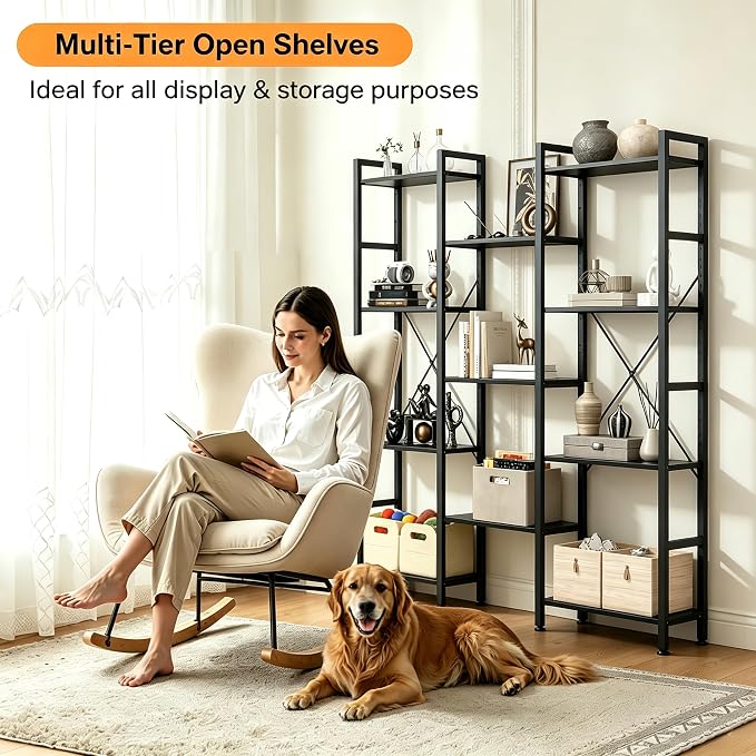 HealSmart Triple Column 4 Tier Bookshelf, Industrial Bookcase - Image 3