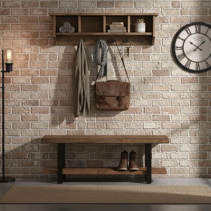 Pomona Solid Wood Entryway Bench and Coat Rack Set, Rustic Brown, 48 Inch | - Image 6