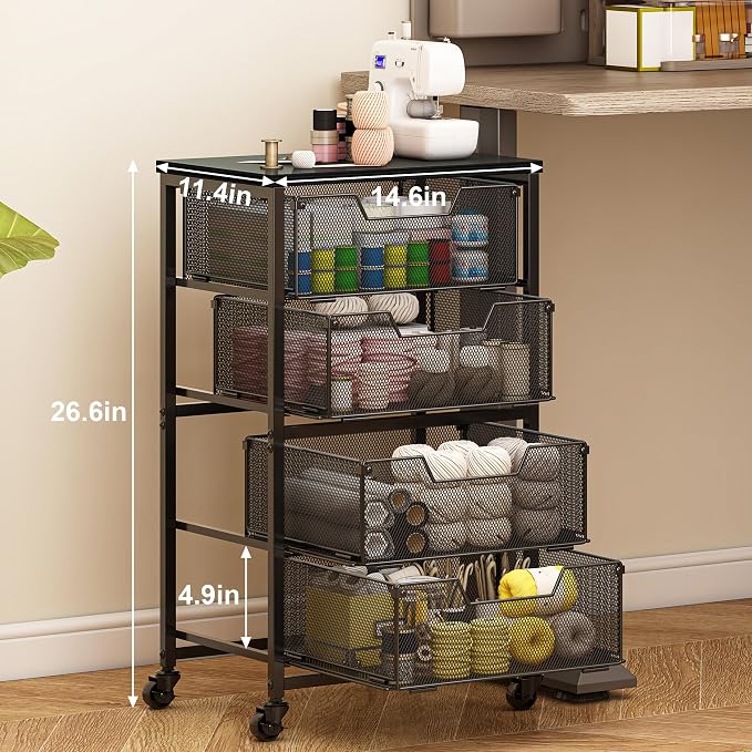 Rolling Cart with Drawers, 4-Drawer Storage Cart on Wheels with Wooden Top - Image 2