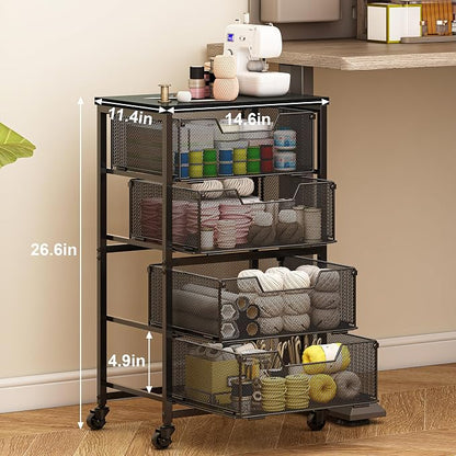 Rolling Cart with Drawers, 4-Drawer Storage Cart on Wheels with Wooden Top - Image 2