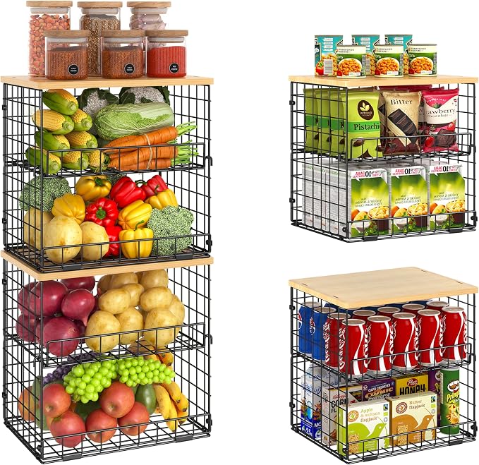 4 Pack Stackable Wire Baskets for Pantry Organizers and Storage, Pantry Baskets by Huxitocan