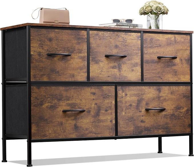 WLIVE 5 Drawer Dresser for Bedroom, Wide Chest of Drawers, Rustic Brown | 5 by WLIVE