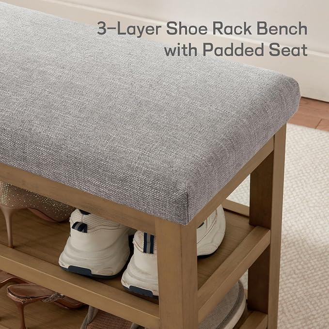 Zihanhome Shoe Rack Bench with Cushion, 2 Tier Solid Wood Storage Bench - Image 7
