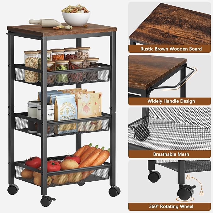 Hoctieon Rolling Storage Cart, 4-Tier Wide Panel Kitchen Storage Cart, Utility - Image 4