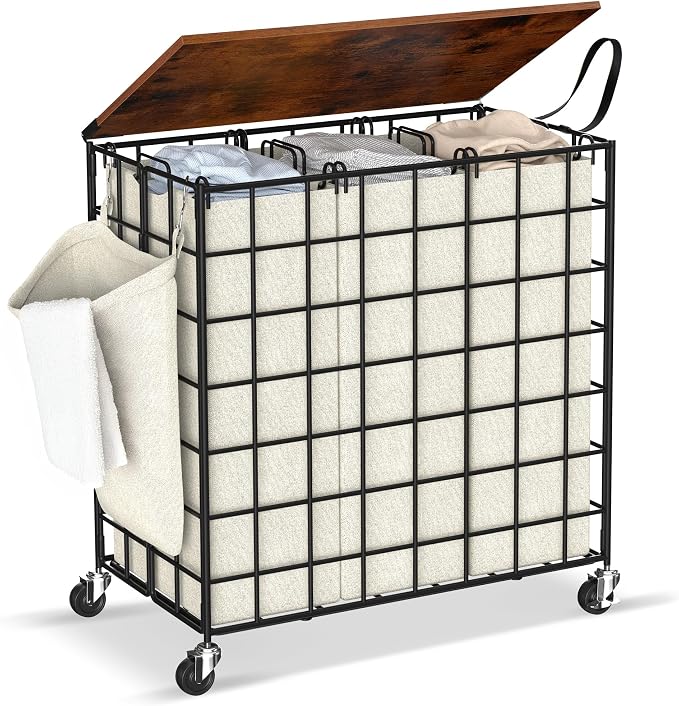 Laundry Basket with Wheels, Heavy Duty Laundry Sorter 3 Sections, 140L Large by Unknown