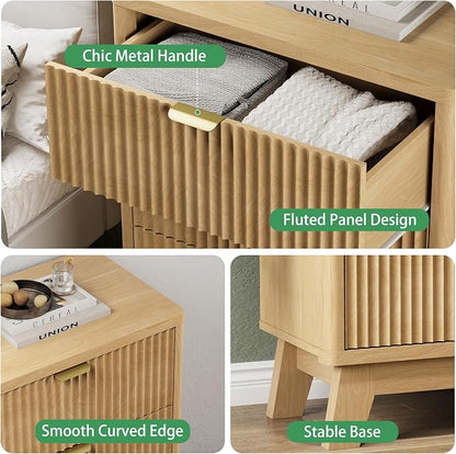 Fluted Nightstand with 3 Storage Drawers, Mid Century Modern Wooden Side Table - Image 5