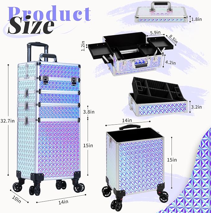 AROUS 5 in 1 Rolling Makeup Train Case Cosmetology Case on Wheels Large - Image 2