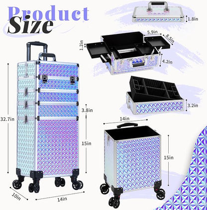 AROUS 5 in 1 Rolling Makeup Train Case Cosmetology Case on Wheels Large - Image 2