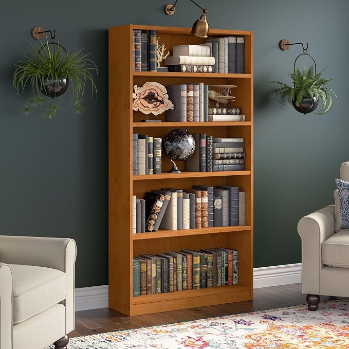 Bush Furniture Universal Tall 5 Shelf Bookcase in Natural Cherry, Vertical - Image 2