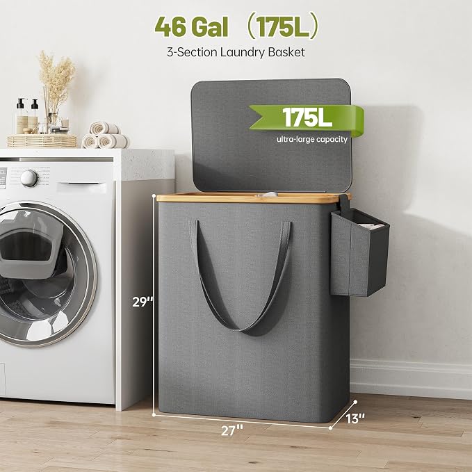 175L Laundry Hamper with Lid 3 Section, Extra Large Laundry Basket with 3 - Image 2