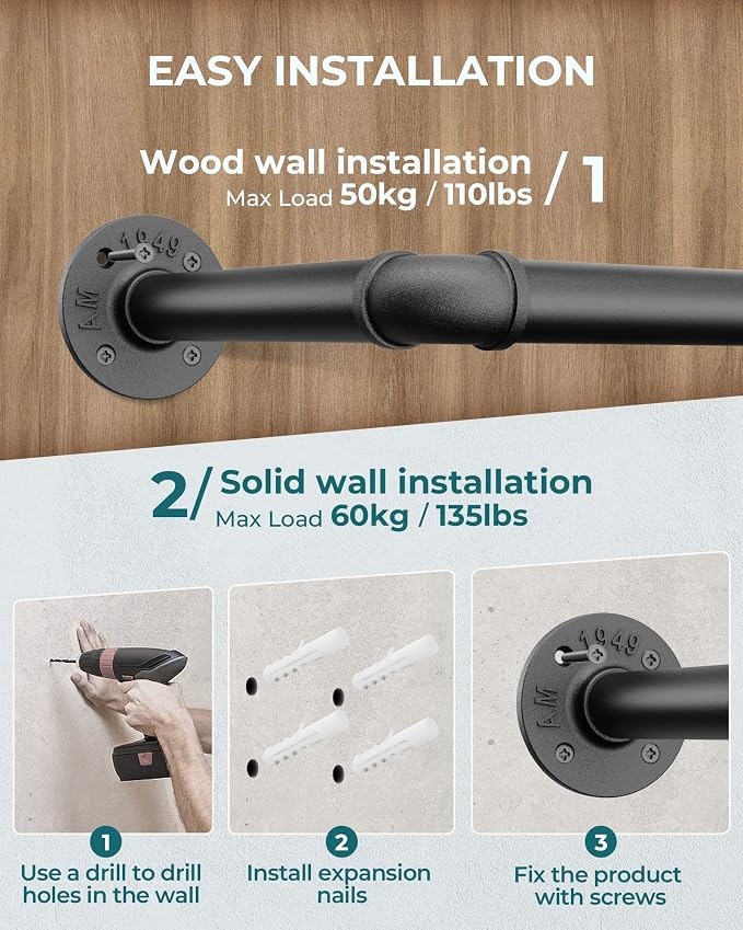 OROPY Industrial Pipe Clothes Rack, Heavy Duty Wall Mounted Iron Garment Bar | - Image 5