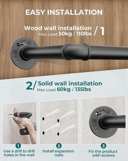 OROPY Industrial Pipe Clothes Rack, Heavy Duty Wall Mounted Iron Garment Bar | - Image 5