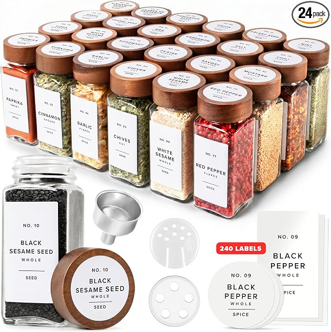 EDELHAUS Glass Spice Jars with Label, 24x Acacia Wooden Lids by EDELHAUS