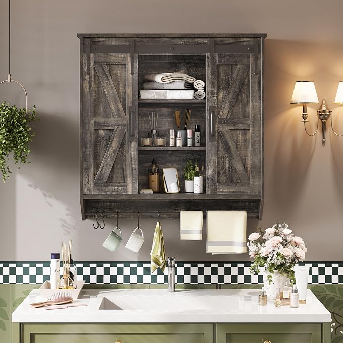 Trironsun Farmhouse Medicine Cabinet 2 Sliding Barn Doors 3 Tier Rustic Wood - Image 2