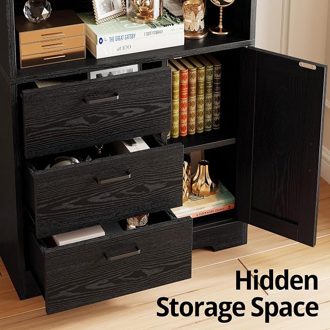 IRONCK Bookshelf with Door and 3 Drawers, 71in Tall Bookcase Shelf with 3-Tier - Image 4