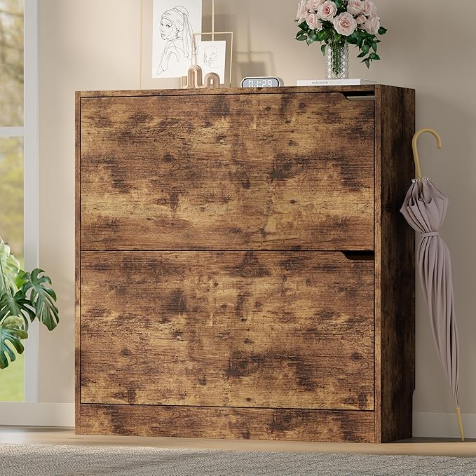 BORNOON Shoe Cabinet with 2 Flip Drawers, Slim Narrow Shoe Storage Cabinet - Image 3