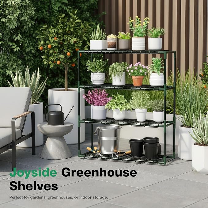 Joyside Outdoor Plant Shelves, 4 Tier 2 Pack Metal Stable Greenhouse Shelving - Image 8