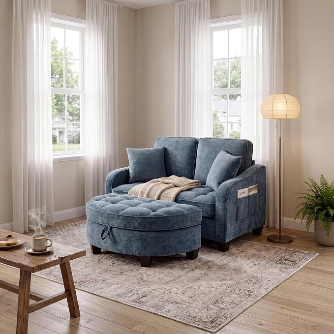 ERYE Chenille Tufted Loveseat Sofa and Ottoman Set, Tufted Recliner Sleeper - Image 3