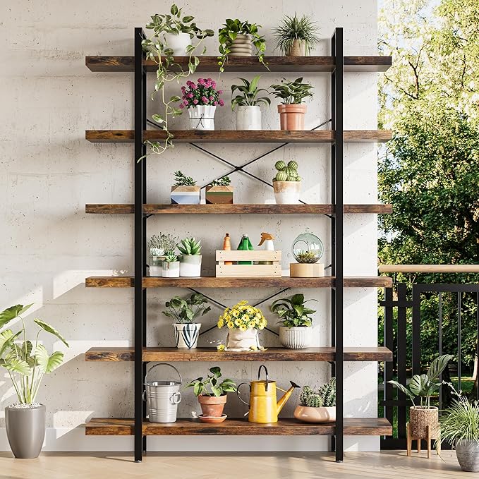 Heavy Duty 6-Tier Industrial Bookcase, 120lbs Shelf Capacity, Rustic Open - Image 5