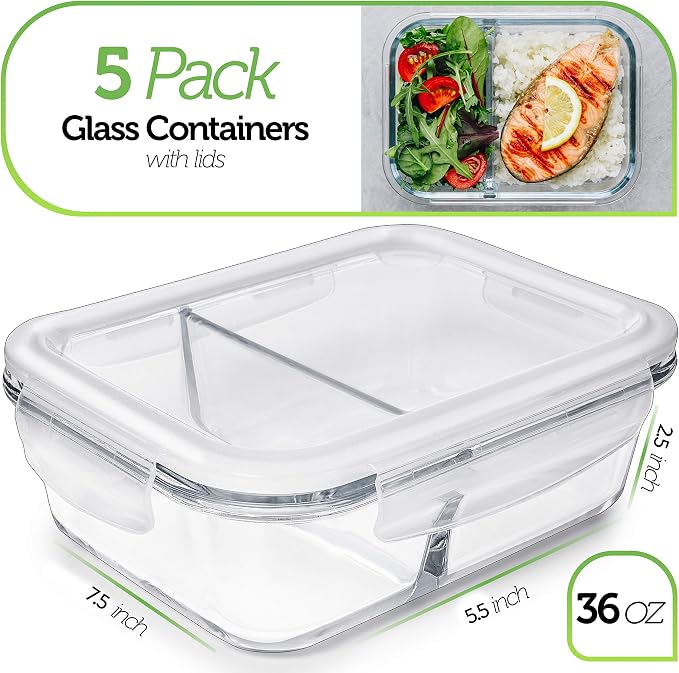 Prep Naturals 5 Pack 36oz Glass Meal Prep Containers - Image 2