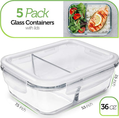 Prep Naturals 5 Pack 36oz Glass Meal Prep Containers - Image 2
