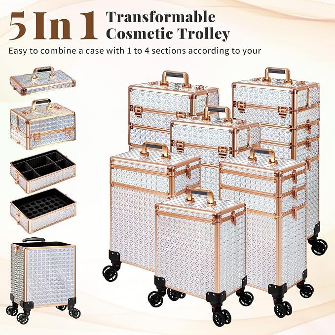 AROUS 5 in 1 Rolling Makeup Train Case Cosmetology Case on Wheels Large - Image 3