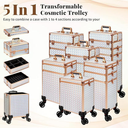 AROUS 5 in 1 Rolling Makeup Train Case Cosmetology Case on Wheels Large - Image 3