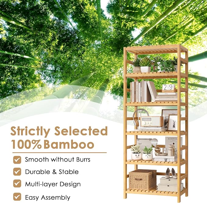 FOTOSOK 6-Tier Bamboo Shelf, Bamboo Bookcase - Image 7
