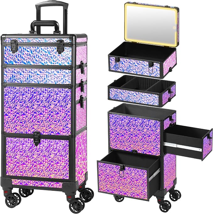 Rolling Makeup Case with Lighted Mirror, Makeup Train Case with Large Drawer by Unknown
