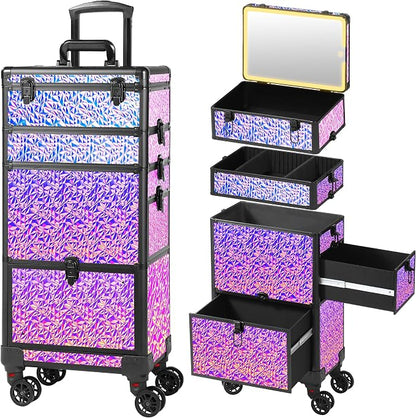 Rolling Makeup Case with Lighted Mirror, Makeup Train Case with Large Drawer by Unknown
