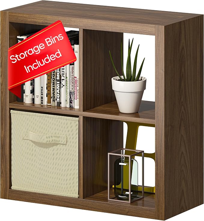 Bookshelf with Storage Bin, 4-Cube Storage Organizer, Modern Wood Open Bookcase by furtble