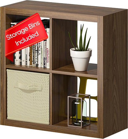 Bookshelf with Storage Bin, 4-Cube Storage Organizer, Modern Wood Open Bookcase by furtble