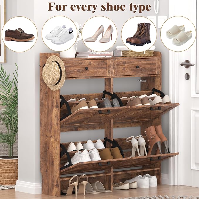 Thacuok Shoe Cabinet with 4 Flip Drawers & 2 Storage Drawers, Rustic Farmhouse - Image 8